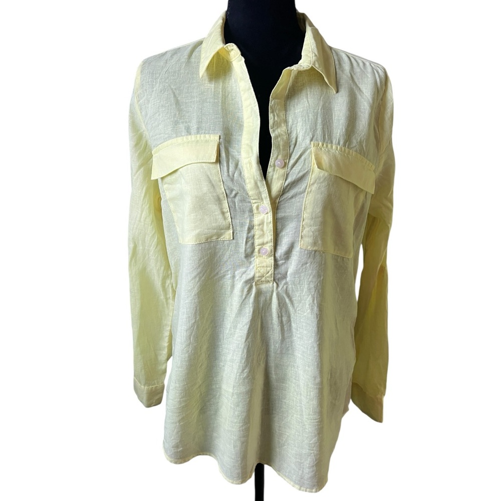Old Navy Neon Yellow Linen Cotton Blend Long Sleeve Collared Blouse Top‎ Medium